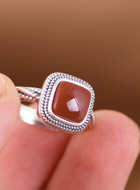南红玛瑙银戒指复古工艺开口女款