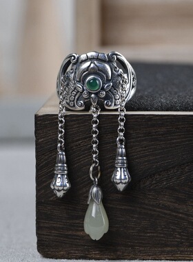 纯银开口长款古典流苏蝙蝠戒指