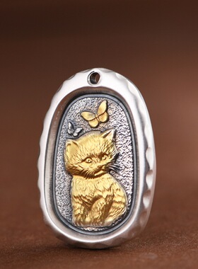 足银描金工艺实心卡通猫咪银吊坠