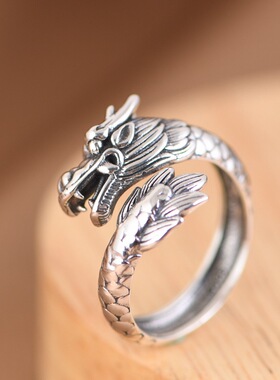 龙戒指复古工艺十二生肖龙开口男