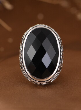 纯银男士黑玛瑙大气简约朋克戒指