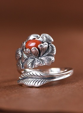 国风牡丹纯银戒指复古工艺玛瑙款