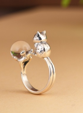白水晶猫咪可爱卡通动漫戒指吊坠