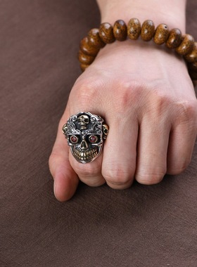 古银铺复古工艺戒指开口纯银骷髅
