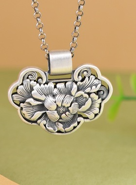 足银牡丹花双面个性时尚银饰吊坠