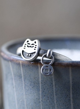 哑光银饰复古小花猫开口戒指