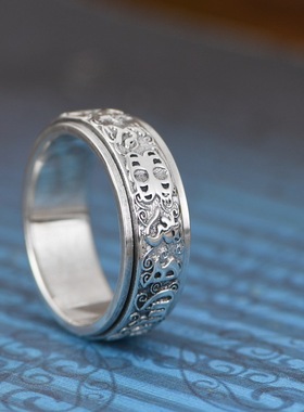 可转动男款六字真言貔貅纯银戒指