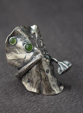 复古戒指开口夸张碧玉宫廷银饰品