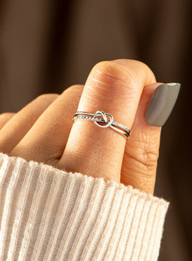 s925纯银双打结缠绕戒指女简约时尚欧美风网红食指环饰开口戒