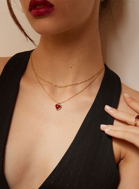 新中式天然红玉髓爱心吊坠项链女轻奢高级设计感时尚气质锁骨链