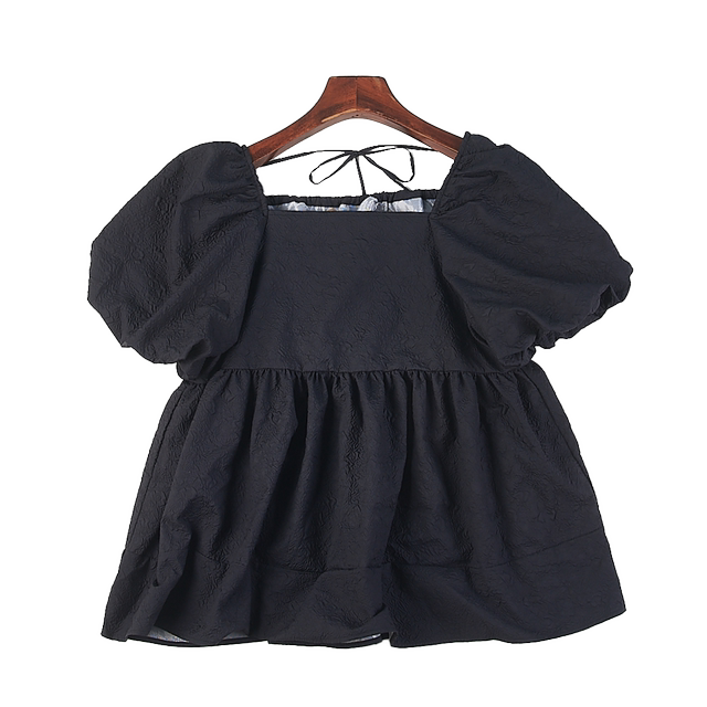 Ladylike square neck puff sleeve ເສື້ອ chiffon ສີດໍາສໍາລັບແມ່ຍິງ