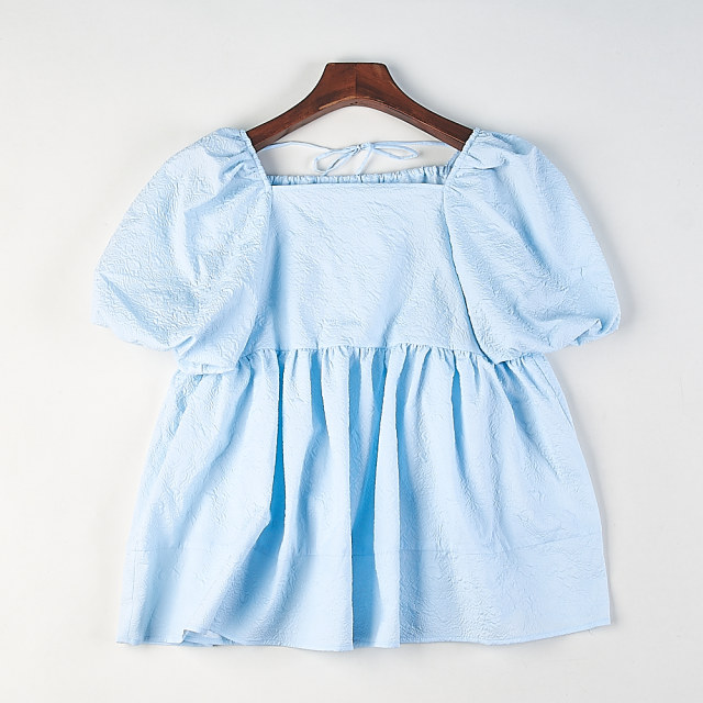 Ladylike square neck puff sleeve ເສື້ອ chiffon ສີດໍາສໍາລັບແມ່ຍິງ