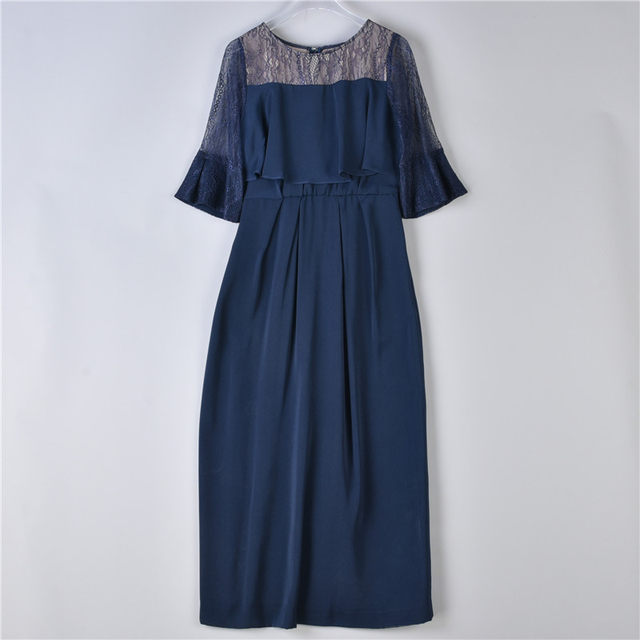 216 high-end goods lace satin stitching dress women 74527 trumpet half-sleeve slim evening dress long dress