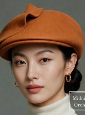 零点兰花秋冬小众设计师拼接毛呢贝雷帽女百搭气质高级画家前进帽