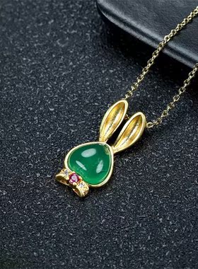 帝王绿真金古法镶嵌桃心兔子玉髓