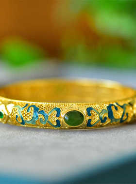 新疆天然和田玉碧玉莲花手镯女款