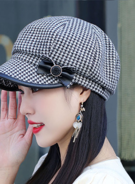 2026年新款秋季帽女帽八角帽贝雷帽显脸小妈妈帽韩版格纹蝴蝶结帽