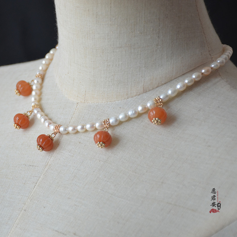 愿君安手工淡水珍珠金丝玉南瓜古风软璎珞古装项圈汉服旗袍项链 - 图2