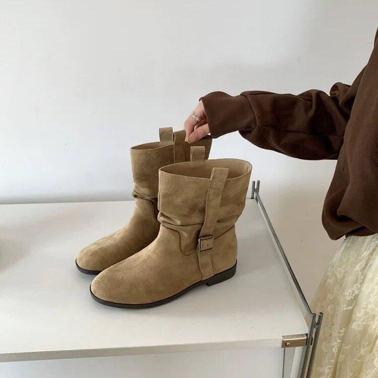 BULAGE女靴复古骑士靴女秋显瘦百搭美拉德绒面短靴黑色低跟中筒靴,淘宝优惠券,粉丝福利购,淘宝优惠卷