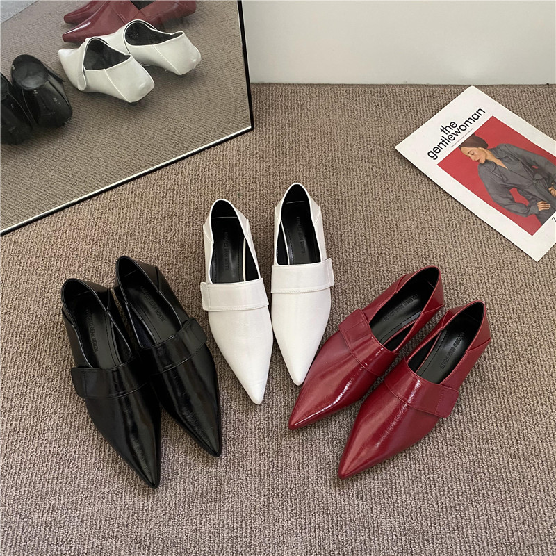2022秋季新款魔术贴尖头小细跟低跟单鞋深口软底猫跟小皮鞋英伦风 - 图0