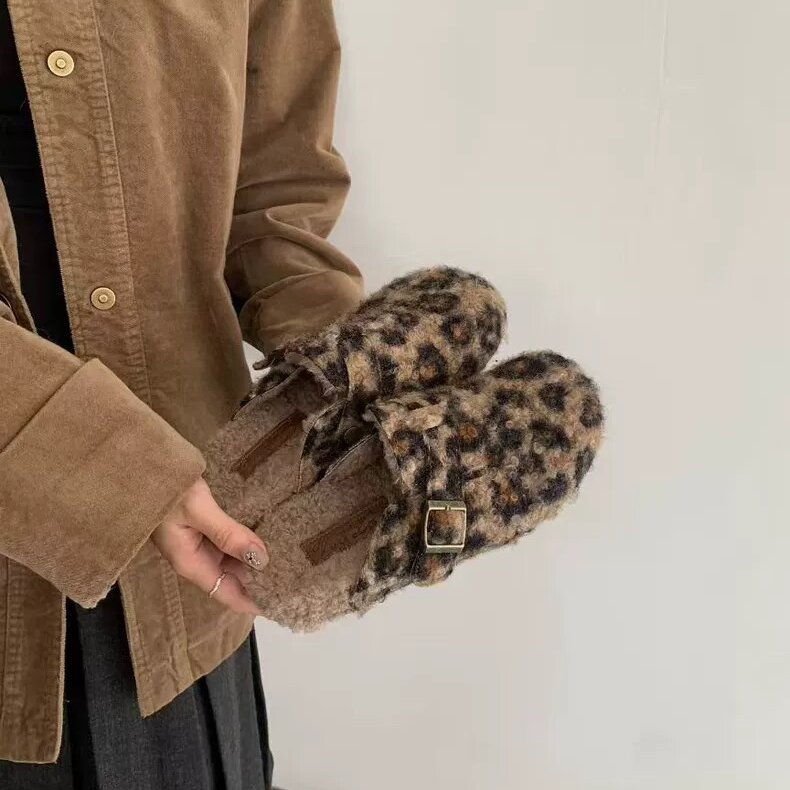 Vela 豹纹皮带扣厚底包头半拖鞋毛毛鞋女秋冬外穿加绒懒人穆勒鞋 - 图3