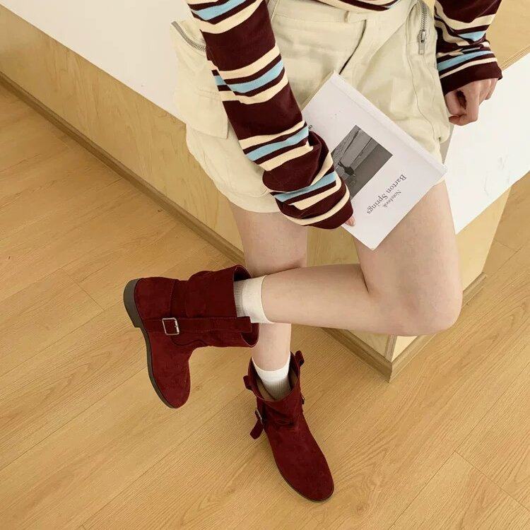 BULAGE女靴复古骑士靴女秋显瘦百搭美拉德绒面短靴黑色低跟中筒靴,淘宝优惠券,粉丝福利购,淘宝优惠卷