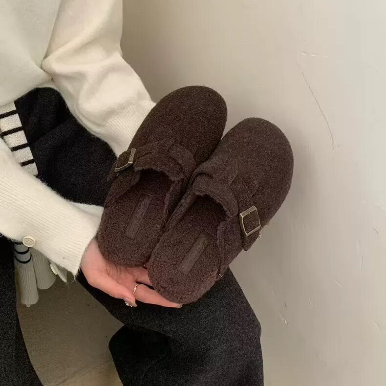 Vela 豹纹皮带扣厚底包头半拖鞋毛毛鞋女秋冬外穿加绒懒人穆勒鞋 - 图0