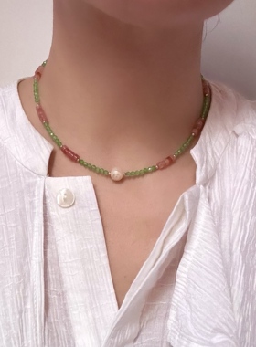 新中式红绿相间天然石珍珠串珠项链女波西米亚甜美颈链锁骨链