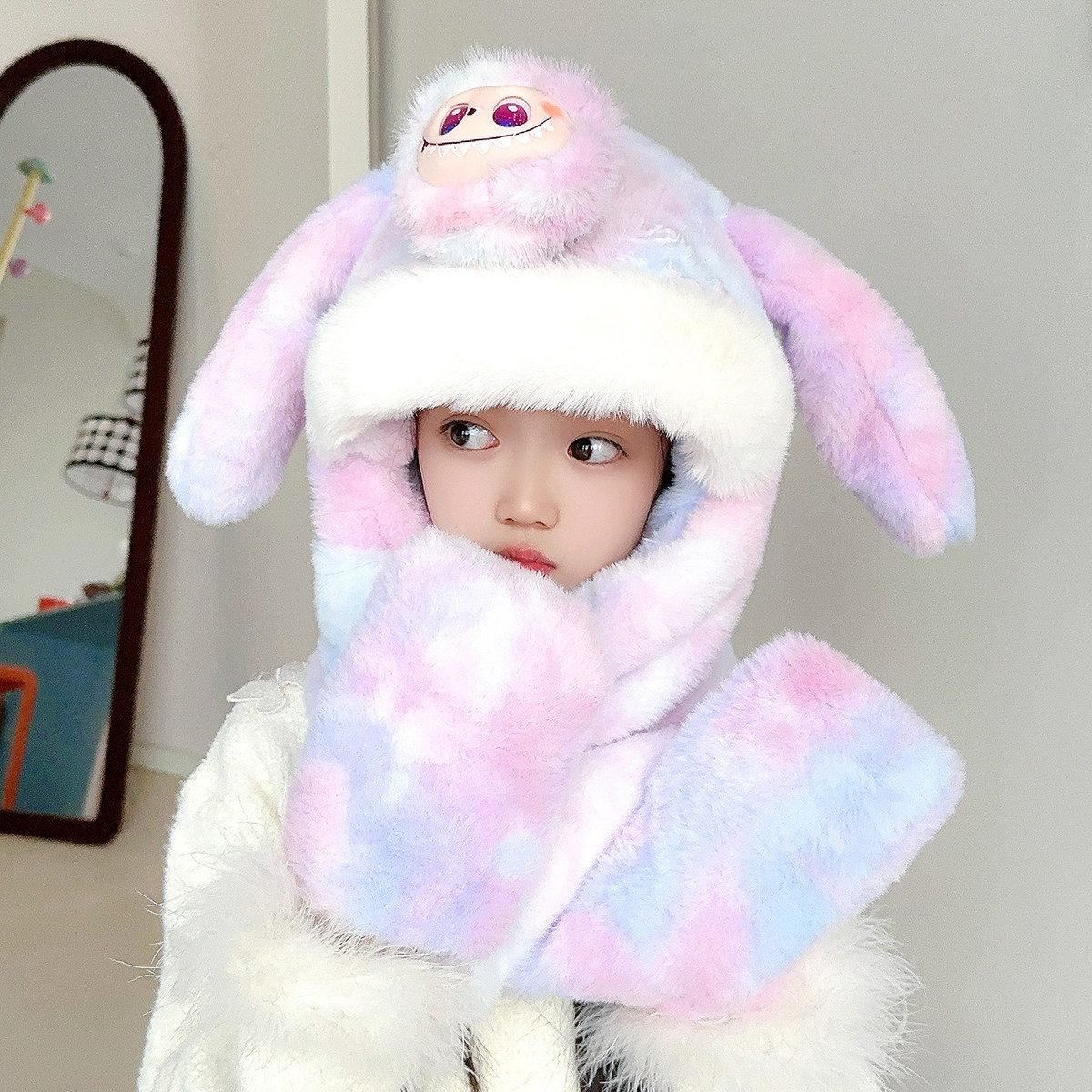 库洛米儿童帽子围脖手套一体冬季保暖防风耳朵会动新款女宝毛绒帽,淘宝优惠券,粉丝福利购,淘宝优惠卷