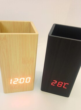 声控LED显示笔筒闹钟 多功能时间数字显示电子时钟木质桌面台钟