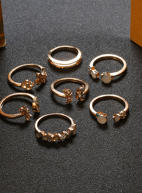 欧美波西米亚7件套镶钻蝴蝶花朵套装戒指 女性复古婚礼节水晶戒指