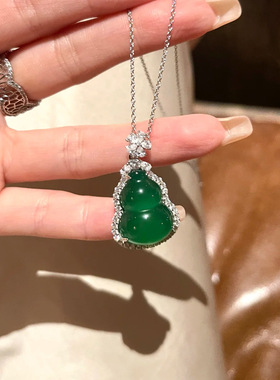 S925纯银国潮风天然绿玉髓葫芦项链银镶嵌玉绿色福禄吊坠女锁骨链