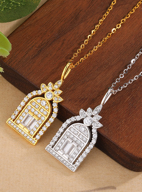 s925纯银镀黄金色新款幸福之门吊坠项链女镶白钻爆闪亮鸟笼锁骨链