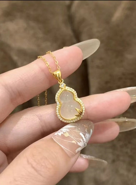 S925纯银镀黄金色金枝玉叶天然玉髓葫芦项链女国风福禄吊坠锁骨链
