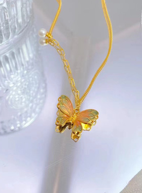 S925纯银镀黄金色蝶影阑珊蝴蝶项链渐变色珐琅锁骨链设计感吊坠女