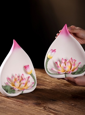 一路连升陶瓷莲花摆件手工瓷花中式客厅玄关佛前装饰工艺品礼品