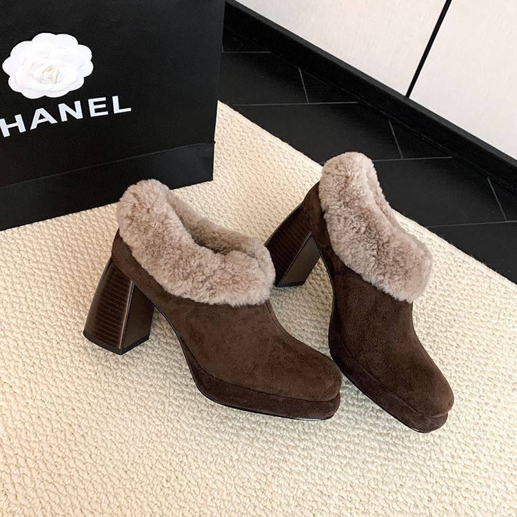 秋冬季皮靴粗跟高跟裸靴深口棕色咖啡色靴子增高厚底真皮女靴JXM,淘宝优惠券,粉丝福利购,淘宝优惠卷