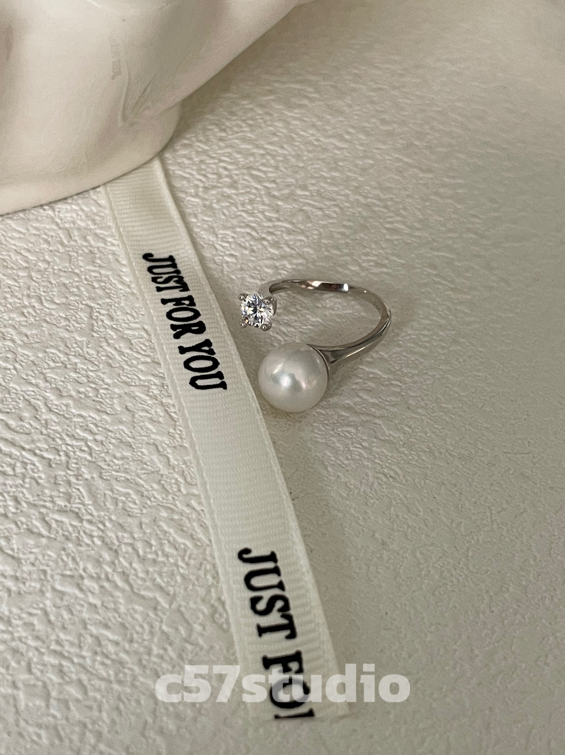 c57纯银正圆镜面无暇珍珠闪钻戒指女开口戒轻奢小众设计8-9大点位 - 图0