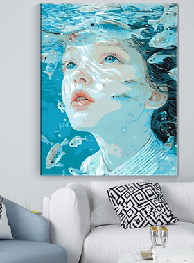 水中少女diy数字油画解压手工填色蓝色高级感客厅装饰挂画摆件