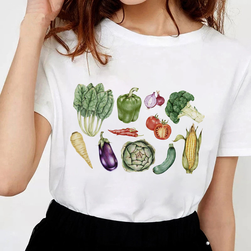 Vegetables Print蔬菜水果ins超火短袖t恤女宽松短款打底衫上衣潮 - 图1