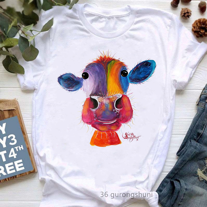 Colorful Cow T-Shirt可爱奶牛印花T恤复古大码白色t恤女短袖