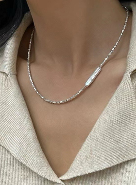 新款纯银碎银子小银条项链，天然强光小银条淡水巴洛克珍珠颈链