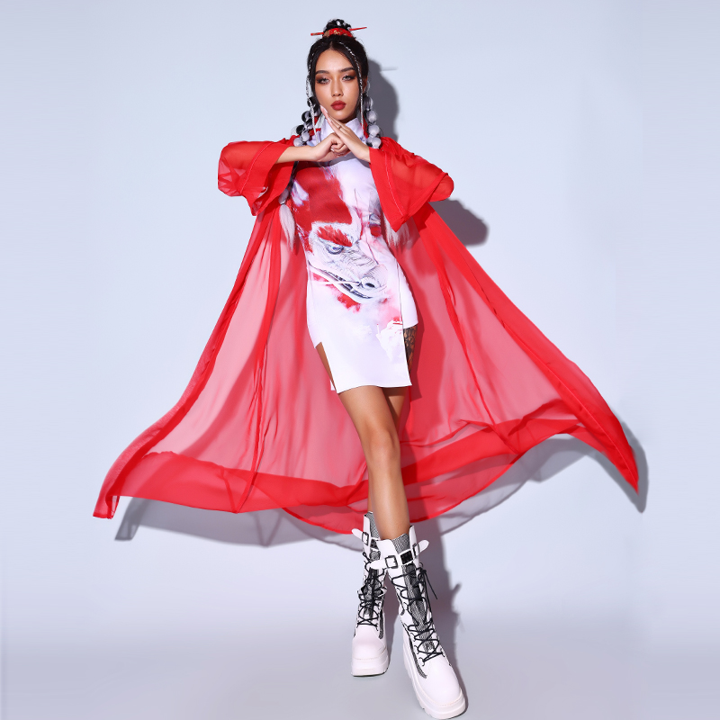 女团打歌服中国风爵士舞旗袍修身年会舞蹈演出服装红色国潮舞台装 - 图2