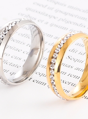 爆款新品首饰钛钢女戒指镶钻简约亮面指环单排钻男不锈钢热卖饰品