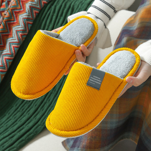 冬季包头居家木地板布标灯芯绒室内地板家防滑家居保暖情侣棉拖鞋 - 图2