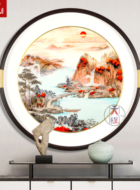 新中式山水画圆形水墨风国画挂画