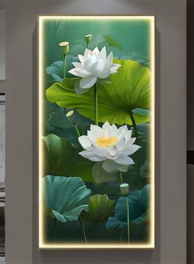荷气生财玄关装饰画镶钻带灯发光高档现代简约走廊过道挂画客厅画