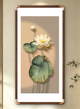 新中式荷花装饰画玄关走廊挂画胡桃色实木框招财壁画