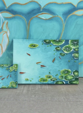 迷你小油画摆件原创手绘青绿水塘红锦鲤鱼睡莲禅意桌面小众治愈系