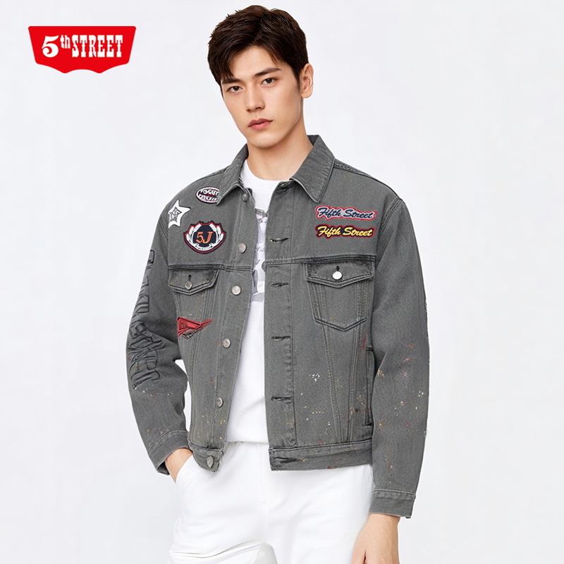第五街5th street男装春秋宽松时尚绣章牛仔夹克外套350551-221 - 图1